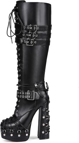 Feinlina Women's Punk Boots Thick Platform Block Sole Lace Up Knee High Design Black Trendy Sexy for Nights Out Wear Boots in Saudi Arabia