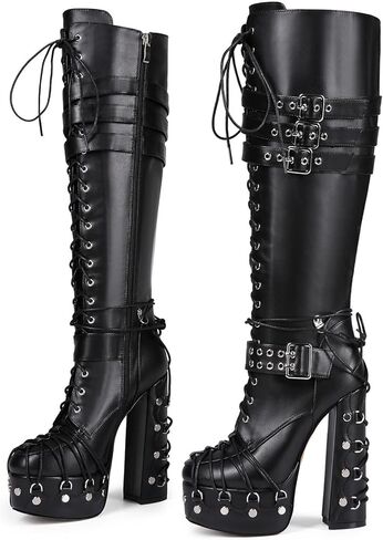 Feinlina Women's Punk Boots Thick Platform Block Sole Lace Up Knee High Design Black Trendy Sexy for Nights Out Wear Boots in Saudi Arabia