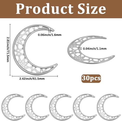 GORGECRAFT 30PCS 2.81 Inch Hollow Out Silver Metal Moon Rustic Silver Moon for Crafts Iron Ornament Christmas Tree Decoration for Hanging Wall Holiday Wreath Wedding Party Project Handmade in Saudi Arabia