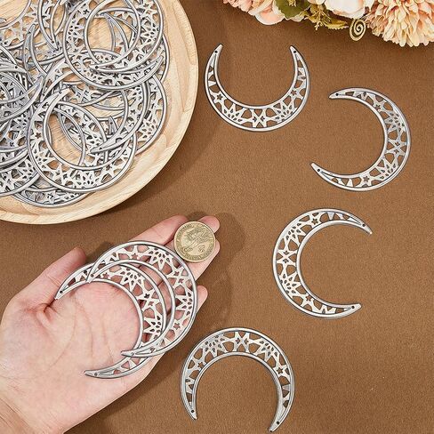 GORGECRAFT 30PCS 2.81 Inch Hollow Out Silver Metal Moon Rustic Silver Moon for Crafts Iron Ornament Christmas Tree Decoration for Hanging Wall Holiday Wreath Wedding Party Project Handmade in Saudi Arabia