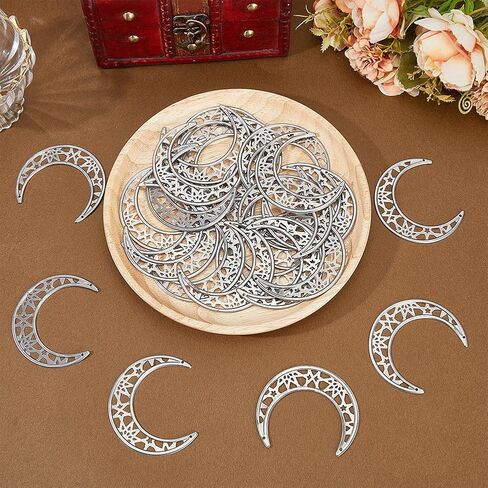 GORGECRAFT 30PCS 2.81 Inch Hollow Out Silver Metal Moon Rustic Silver Moon for Crafts Iron Ornament Christmas Tree Decoration for Hanging Wall Holiday Wreath Wedding Party Project Handmade in Saudi Arabia