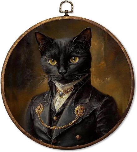 HUGANE Vintage Moody Elegant Black Cat Round Wall Art Decor, Dark Academia Whimsical Cat Mom Lady Lovers Hanging Canvas Framed Prints Wall Sculptures for Home Bedroom Living Room Decor, 10x10 Inch in Saudi Arabia