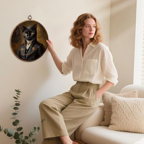 HUGANE Vintage Moody Elegant Black Cat Round Wall Art Decor, Dark Academia Whimsical Cat Mom Lady Lovers Hanging Canvas Framed Prints Wall Sculptures for Home Bedroom Living Room Decor, 10x10 Inch in Saudi Arabia