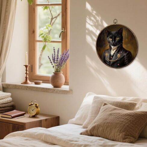 HUGANE Vintage Moody Elegant Black Cat Round Wall Art Decor, Dark Academia Whimsical Cat Mom Lady Lovers Hanging Canvas Framed Prints Wall Sculptures for Home Bedroom Living Room Decor, 10x10 Inch in Saudi Arabia