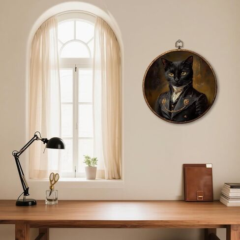 HUGANE Vintage Moody Elegant Black Cat Round Wall Art Decor, Dark Academia Whimsical Cat Mom Lady Lovers Hanging Canvas Framed Prints Wall Sculptures for Home Bedroom Living Room Decor, 10x10 Inch in Saudi Arabia