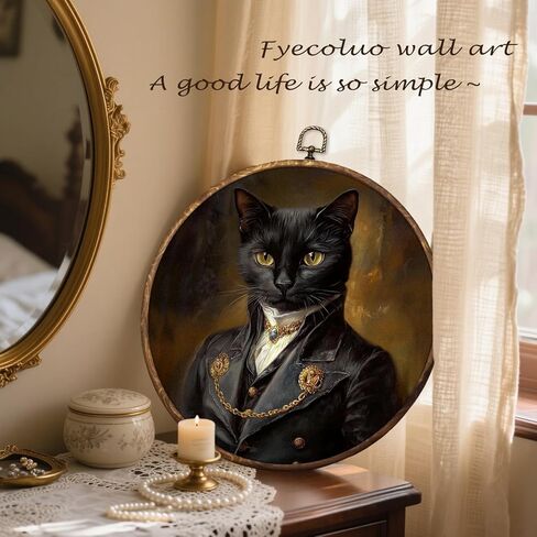HUGANE Vintage Moody Elegant Black Cat Round Wall Art Decor, Dark Academia Whimsical Cat Mom Lady Lovers Hanging Canvas Framed Prints Wall Sculptures for Home Bedroom Living Room Decor, 10x10 Inch in Saudi Arabia