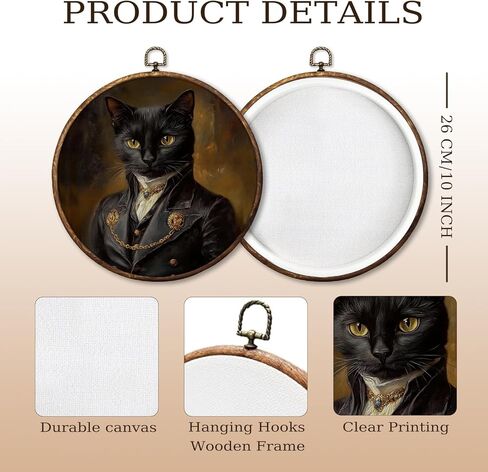 HUGANE Vintage Moody Elegant Black Cat Round Wall Art Decor, Dark Academia Whimsical Cat Mom Lady Lovers Hanging Canvas Framed Prints Wall Sculptures for Home Bedroom Living Room Decor, 10x10 Inch in Saudi Arabia