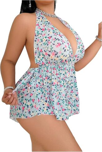 OYOANGLE Women's Plus Size Floral Printed Babydoll Chemise Deep V Halter Bodysuit Nightgown in Saudi Arabia