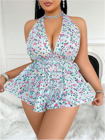 OYOANGLE Women's Plus Size Floral Printed Babydoll Chemise Deep V Halter Bodysuit Nightgown in Saudi Arabia