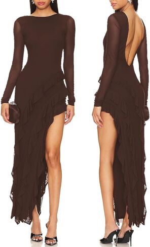 Capuffy Womens Long Sleeves Backless Maxi Dress Mesh Tassel Ruffle Side Split Bodycon Evening Party Dress 350 in Saudi Arabia