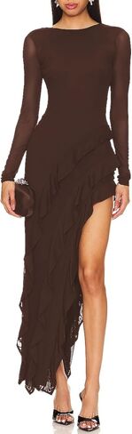 Capuffy Womens Long Sleeves Backless Maxi Dress Mesh Tassel Ruffle Side Split Bodycon Evening Party Dress 350 in Saudi Arabia