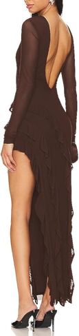 Capuffy Womens Long Sleeves Backless Maxi Dress Mesh Tassel Ruffle Side Split Bodycon Evening Party Dress 350 in Saudi Arabia
