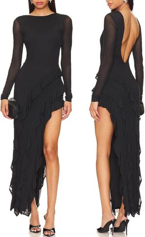 Capuffy Womens Long Sleeves Backless Maxi Dress Mesh Tassel Ruffle Side Split Bodycon Evening Party Dress 350 in Saudi Arabia