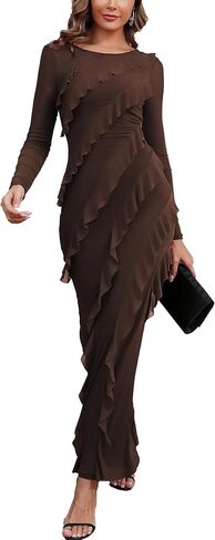 Capuffy Womens Long Sleeves Backless Maxi Dress Mesh Tassel Ruffle Side Split Bodycon Evening Party Dress 350 in Saudi Arabia