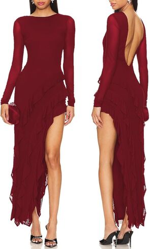 Capuffy Womens Long Sleeves Backless Maxi Dress Mesh Tassel Ruffle Side Split Bodycon Evening Party Dress 350 in Saudi Arabia