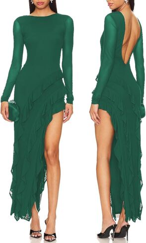 Capuffy Womens Long Sleeves Backless Maxi Dress Mesh Tassel Ruffle Side Split Bodycon Evening Party Dress 350 in Saudi Arabia