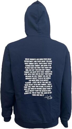 سويت شيرت بقلنسوة من Herb Brooks - خطاب مشهور عام 1980 - أداء، سريع الجفاف، قماش ماص للرطوبة - أزرق داكن - ملابس هوكي أمريكية مرخصة رسميًا - مقاس كبير للبالغين in Kuwait