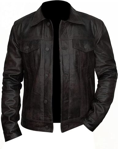 Men's Brown Trucker Vintage Motorcycle Western Biker Slim Fit Genuine Leather Trucker Jacket in Saudi Arabia