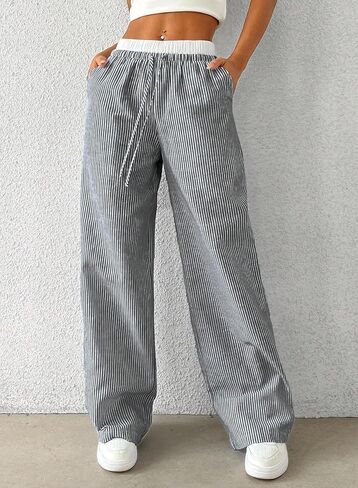 Womens Striped Pants Wide Leg Elastic High Waisted Boxer Pants Lounge Pajama Casual Trousers with Pockets Black, Small in Saudi Arabia