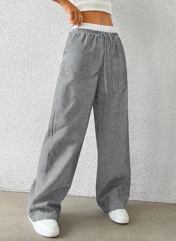 Womens Striped Pants Wide Leg Elastic High Waisted Boxer Pants Lounge Pajama Casual Trousers with Pockets Black, Small in Saudi Arabia