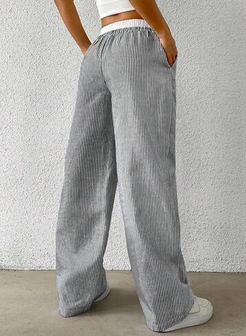 Womens Striped Pants Wide Leg Elastic High Waisted Boxer Pants Lounge Pajama Casual Trousers with Pockets Black, Small in Saudi Arabia