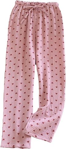 Womens Pajama Pants Cotton Gauze Lounge PJ Pants Soft Hearts Pajama Bottoms with Drawstring Waistband in Saudi Arabia