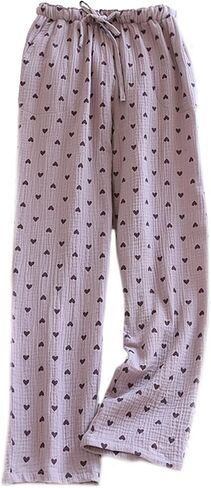 Womens Pajama Pants Cotton Gauze Lounge PJ Pants Soft Hearts Pajama Bottoms with Drawstring Waistband in Saudi Arabia