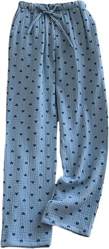 Womens Pajama Pants Cotton Gauze Lounge PJ Pants Soft Hearts Pajama Bottoms with Drawstring Waistband in Saudi Arabia