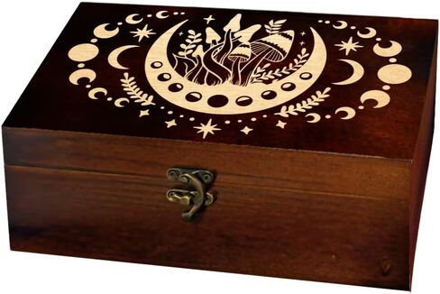 arricraft 1 Pc Wooden Memorial Storage Box, Sun Moon Phase Carved Pattern Rectangle Pine Tarot Box for Anniversary Jewelry Board Storage (9.45x5.51x3.54 Inch) in Saudi Arabia