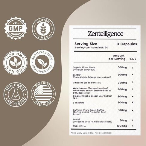 Zen Principle Zentelligence™ Focus Nootropic Supplement for Students & Professionals | Energy, Memory & Stress Support | Jitter-Free Formula with L-Theanine, Ginkgo Biloba, Huperzine A. 180 Capsules in Kuwait