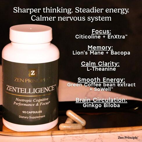 Zen Principle Zentelligence™ Focus Nootropic Supplement for Students & Professionals | Energy, Memory & Stress Support | Jitter-Free Formula with L-Theanine, Ginkgo Biloba, Huperzine A. 180 Capsules in Kuwait