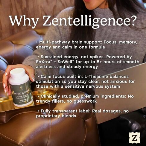 Zen Principle Zentelligence™ Focus Nootropic Supplement for Students & Professionals | Energy, Memory & Stress Support | Jitter-Free Formula with L-Theanine, Ginkgo Biloba, Huperzine A. 180 Capsules in Kuwait