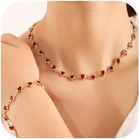 Trendy Colorful Rhinestone Hearts Beaded Necklace Bracelet Set for Women Dainty Multicolor Crystal Gold Chain Necklace Bracelet Sweet Valentine's Day Beach Vacation Jewelry Set in Saudi Arabia