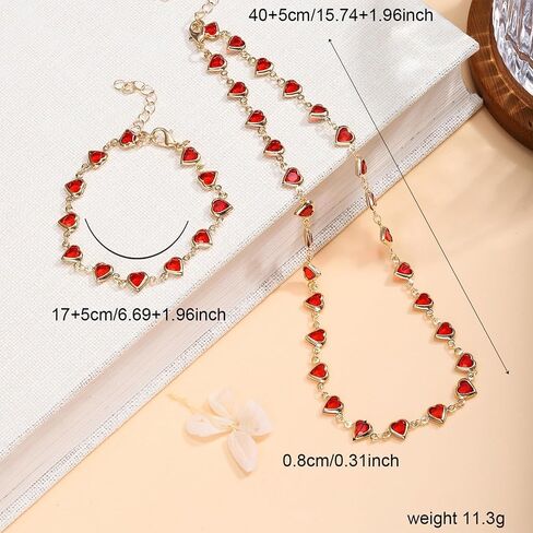 Trendy Colorful Rhinestone Hearts Beaded Necklace Bracelet Set for Women Dainty Multicolor Crystal Gold Chain Necklace Bracelet Sweet Valentine's Day Beach Vacation Jewelry Set in Saudi Arabia