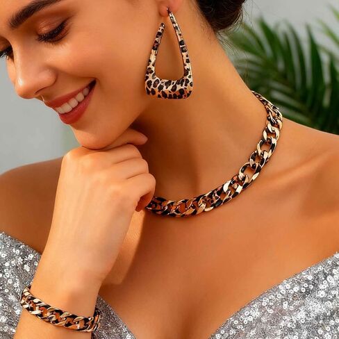 CLOACE Leopard Chunky Choker Necklace Set Thick Earring Punk Cuban Chain Jewelry Accessories for Women in Saudi Arabia