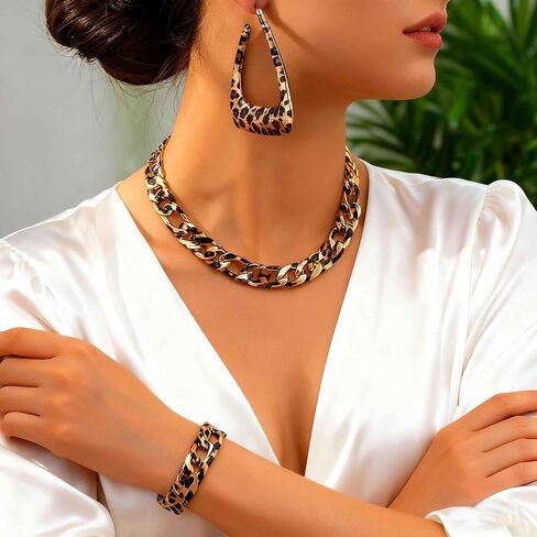 CLOACE Leopard Chunky Choker Necklace Set Thick Earring Punk Cuban Chain Jewelry Accessories for Women in Saudi Arabia
