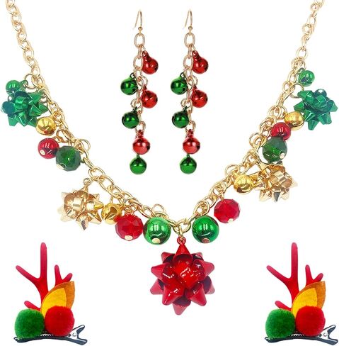 Christmas Necklace Earrings Set for Women Jingle Bell Bow Pendant Necklace Earrings Christmas Hair Clips Xmas Holiday Jewelry Gift in Saudi Arabia
