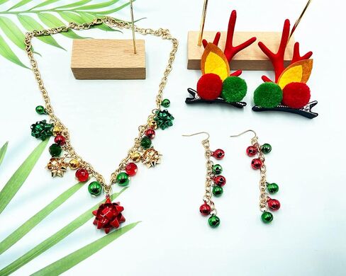 Christmas Necklace Earrings Set for Women Jingle Bell Bow Pendant Necklace Earrings Christmas Hair Clips Xmas Holiday Jewelry Gift in Saudi Arabia