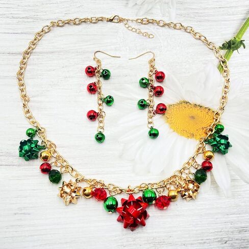 Christmas Necklace Earrings Set for Women Jingle Bell Bow Pendant Necklace Earrings Christmas Hair Clips Xmas Holiday Jewelry Gift in Saudi Arabia