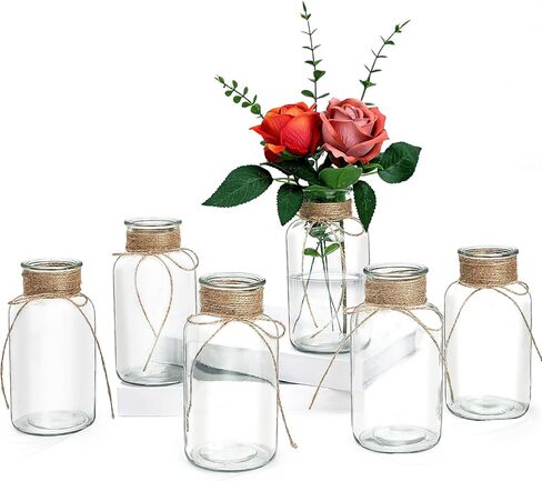 مزهريات زجاجية عتيقة للزهور، مجموعة من 6 مزهريات ميسون شفافة لديكور المنزل زهرة مزهرية الزفاف قطع مركزية من الجرار ميسون لطاولة الزفاف والمكتب المنزلي in Kuwait