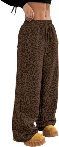 بنطال رياضي فضفاض بطبعة الفهد للسيدات بنطال واسع الساق بخصر مطاطي ورباط مع جيوب in Kuwait