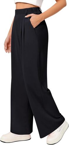 Women's Elastic Wide Leg Work Pants High Rise Stretchy Business Casual Slacks with Pockets & Waffle Knit in Saudi Arabia