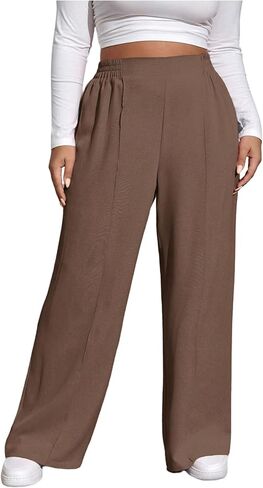 Women's Plus Size Pleated Front Casual Pants Elastic Waisted Wide Leg Trousers Work Pants in Kuwait