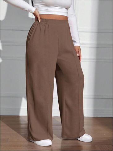Women's Plus Size Pleated Front Casual Pants Elastic Waisted Wide Leg Trousers Work Pants in Saudi Arabia