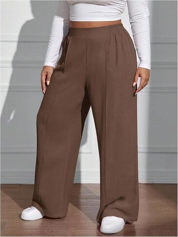Women's Plus Size Pleated Front Casual Pants Elastic Waisted Wide Leg Trousers Work Pants in Saudi Arabia