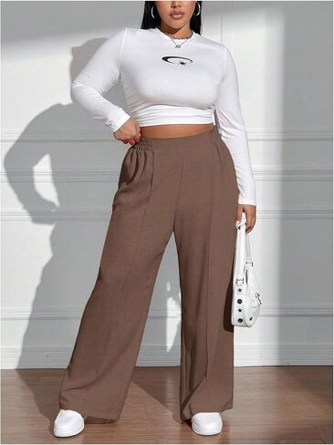 Women's Plus Size Pleated Front Casual Pants Elastic Waisted Wide Leg Trousers Work Pants in Saudi Arabia