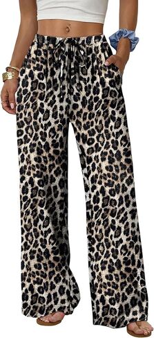 Wide Leg Pants for Women Flowy Palazzo Drawstring Elastic Waist Trousers with Pockets Summer Beach Vacation Clothes in Saudi Arabia