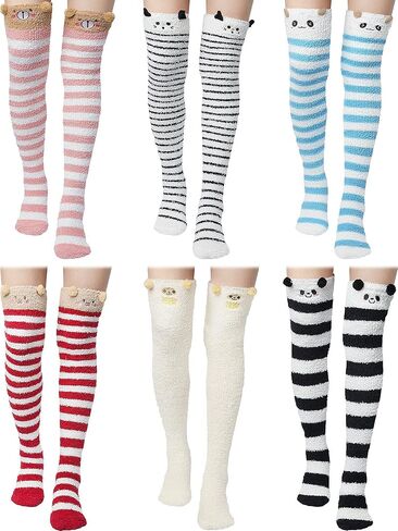 SATINIOR 6 Pairs Women's Thigh High Fuzzy Socks Cute Cartoon Over the Knee Stockings Stripe Leg Warmers for Girl Women in Saudi Arabia