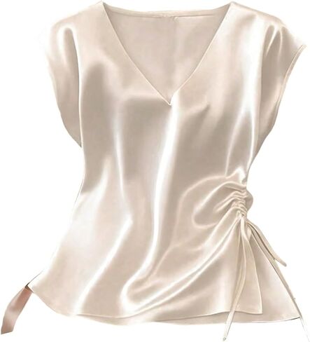 SOLY HUX Women's Satin Blouse V Neck Elegant Tops Tie Side Summer Business Casual Shirts in Saudi Arabia