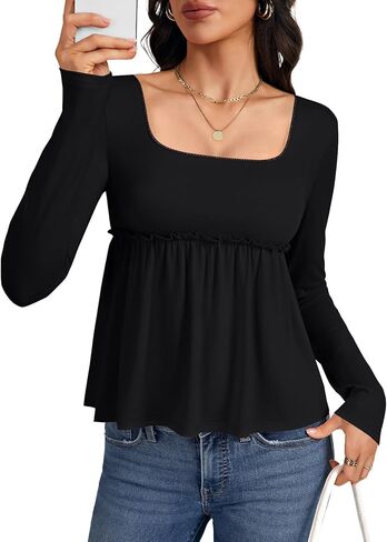 LYANER Women's Square Neck Frill Ruched Long Sleeve Babydoll Peplum Top Blouse Shirt in Saudi Arabia